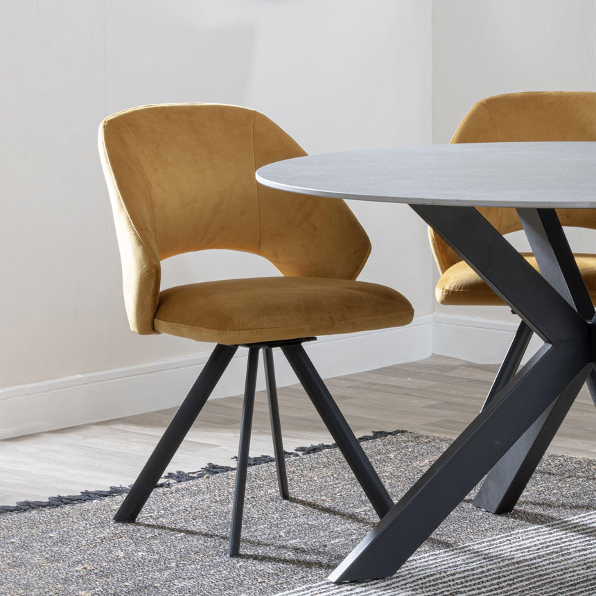 Ion Mustard Velvet Fabric Swivel Dining Chair with Black Legs