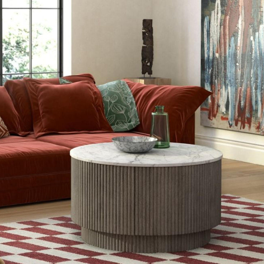 Michigan Grey Round Fluted Coffee Table with White Marble Top