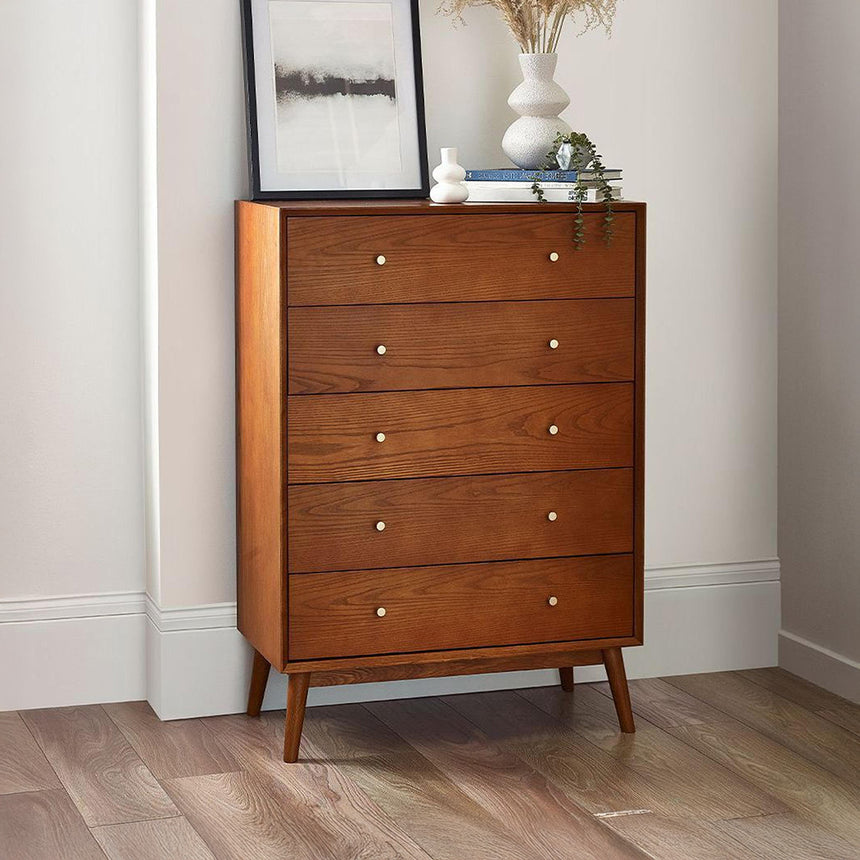 Kansas Cherry Wood Retro Style 5 Drawer Midi Chest