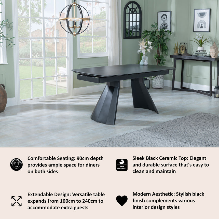 Sara 6-8 Seater Black Ceramic Extending Dining Table - 160cm-240cm