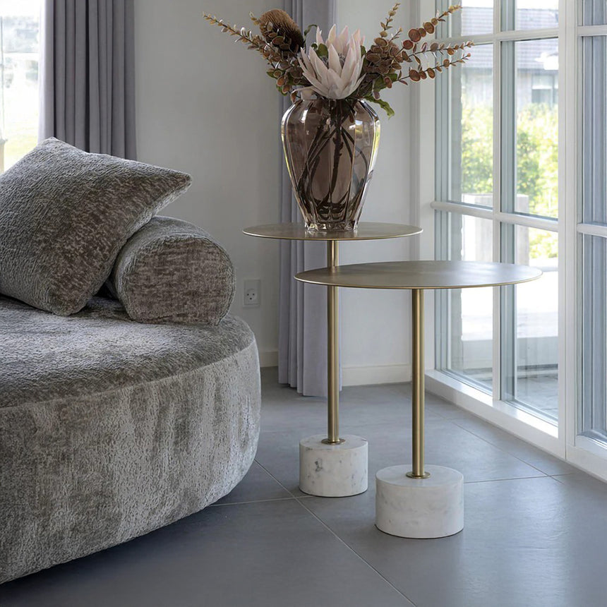 Lecco Gold Metal Round Large Side Table with Marble Base