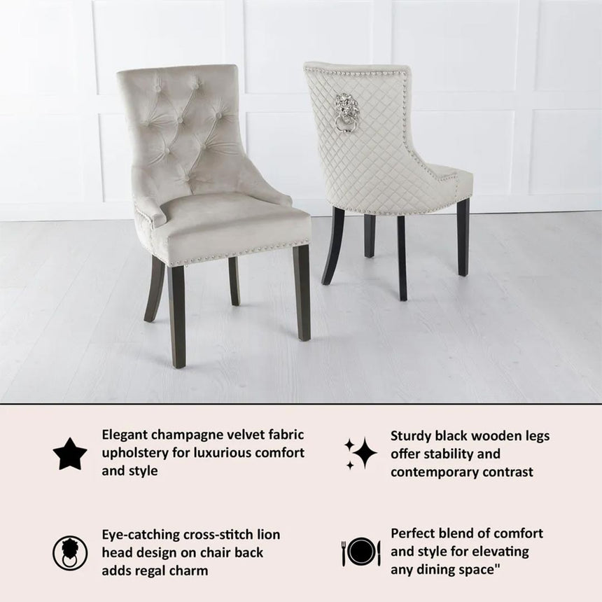 Lion Knocker Back Velvet Fabric Dining Chair with Black Wooden Legs