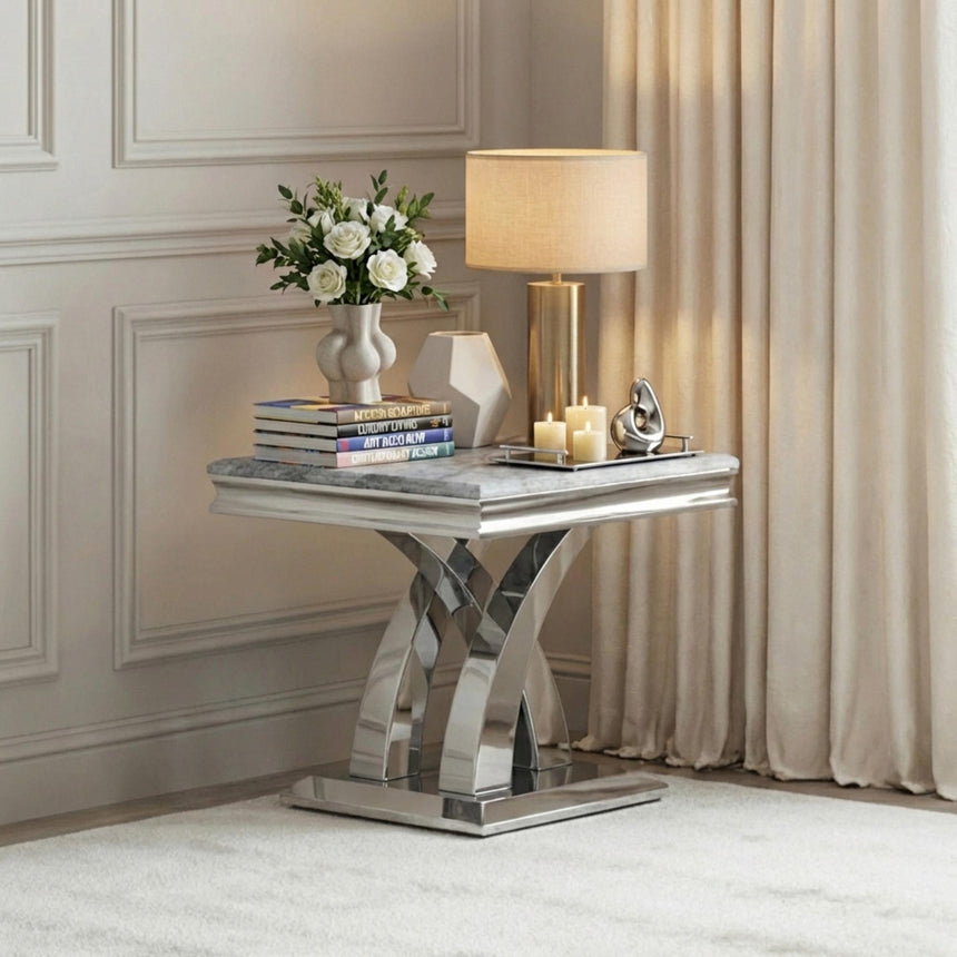 Lisbon Lamp Table - Square - Grey Marble & Chrome