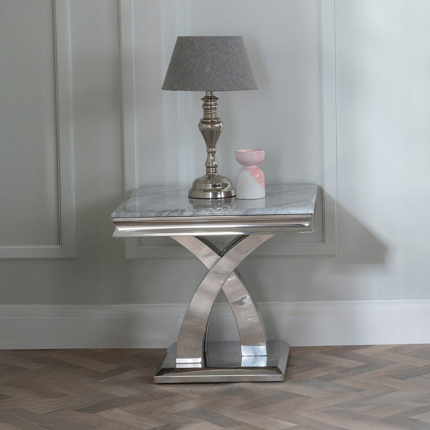Palermo Grey Marble and Chrome Square Lamp Table with X-Cross Base