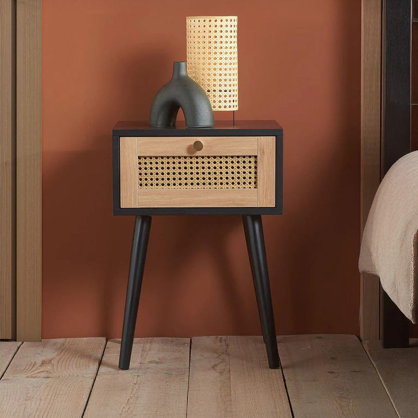 Louisiana Black and Rattan 1 Drawer Bedside Table