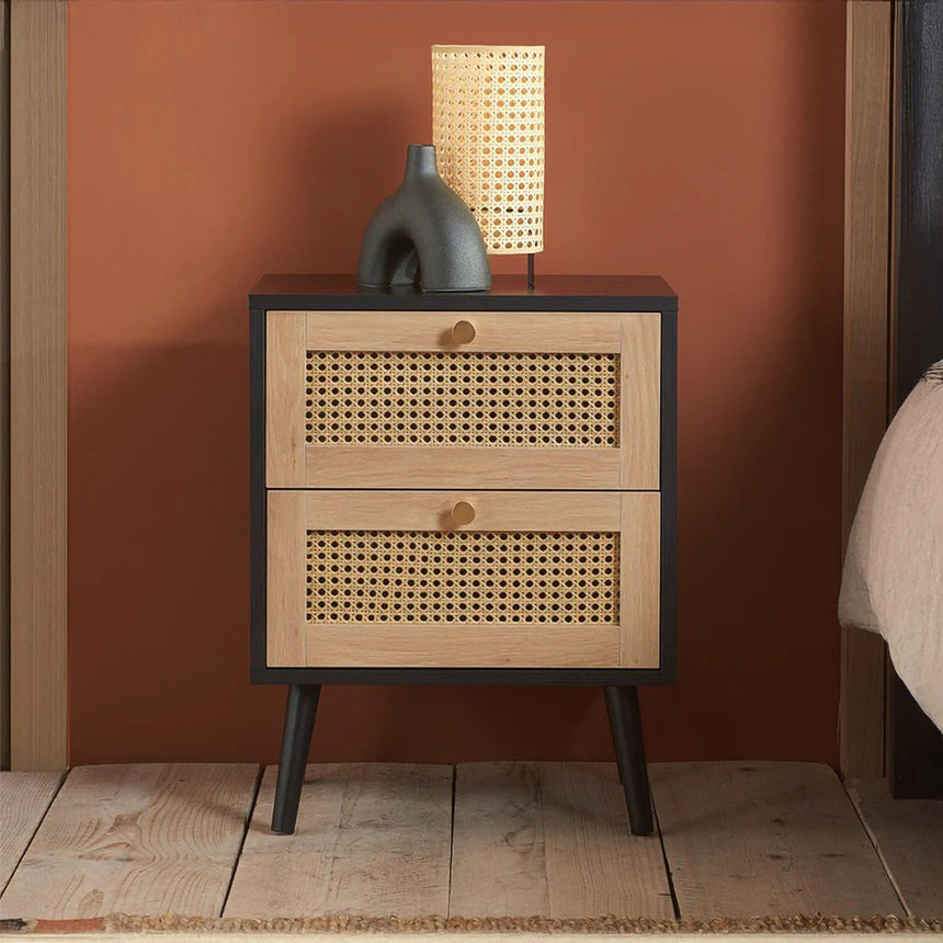 Louisiana Black and Rattan 2 Drawer Bedside Table