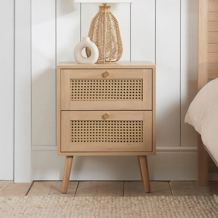 Louisiana Oak and Rattan 2 Drawer Bedside Table - Sizes Available