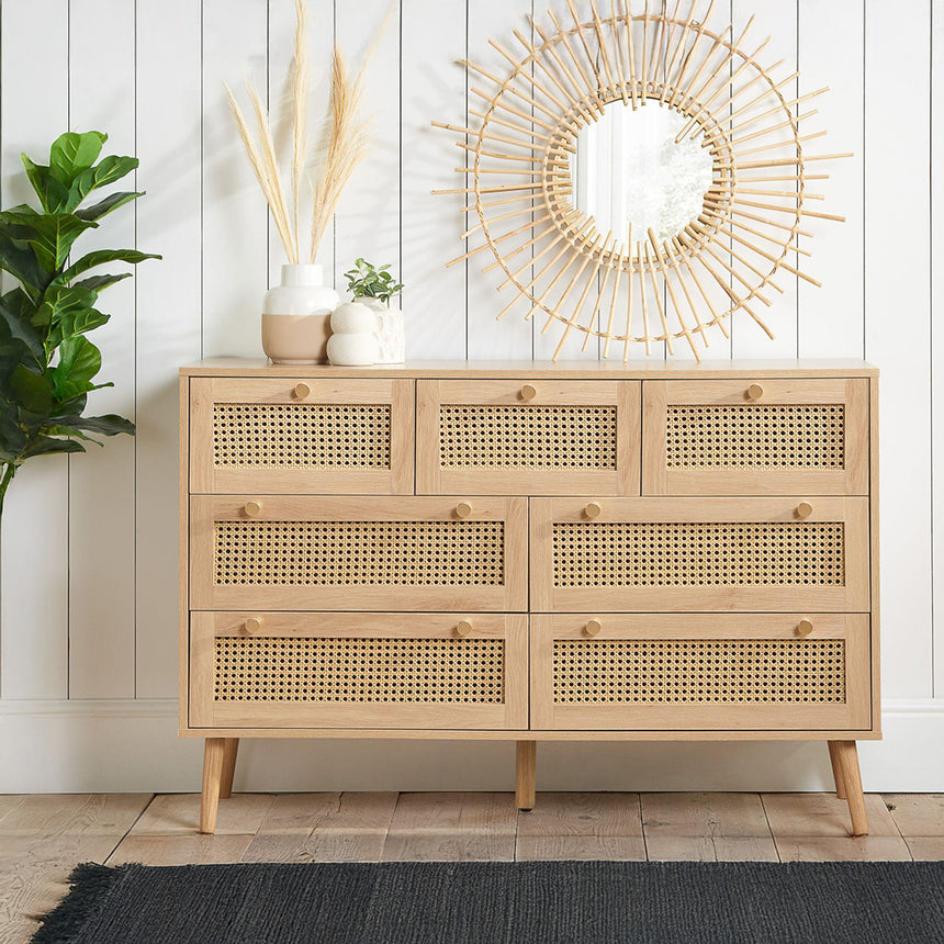 Louisiana Oak and Rattan Wide 7 Drawer Chest