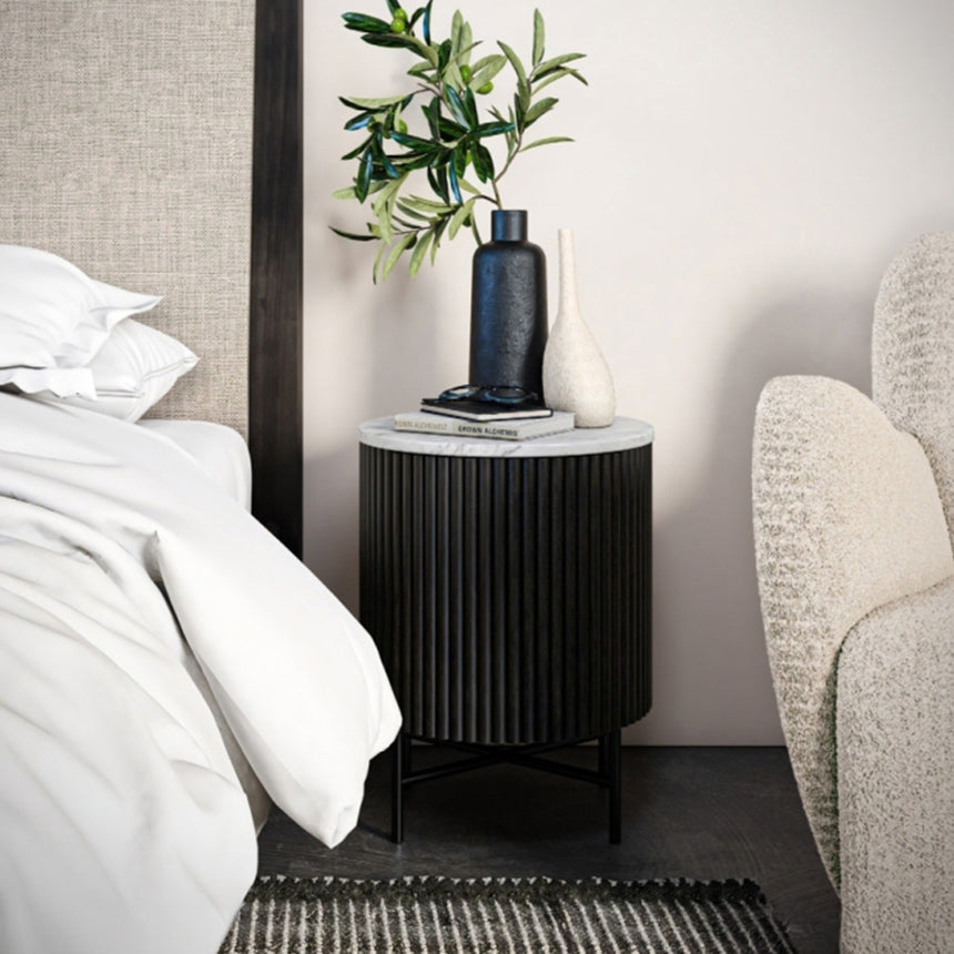 Lucas Black 1 Door Fluted Bedside Table with White Marble Top