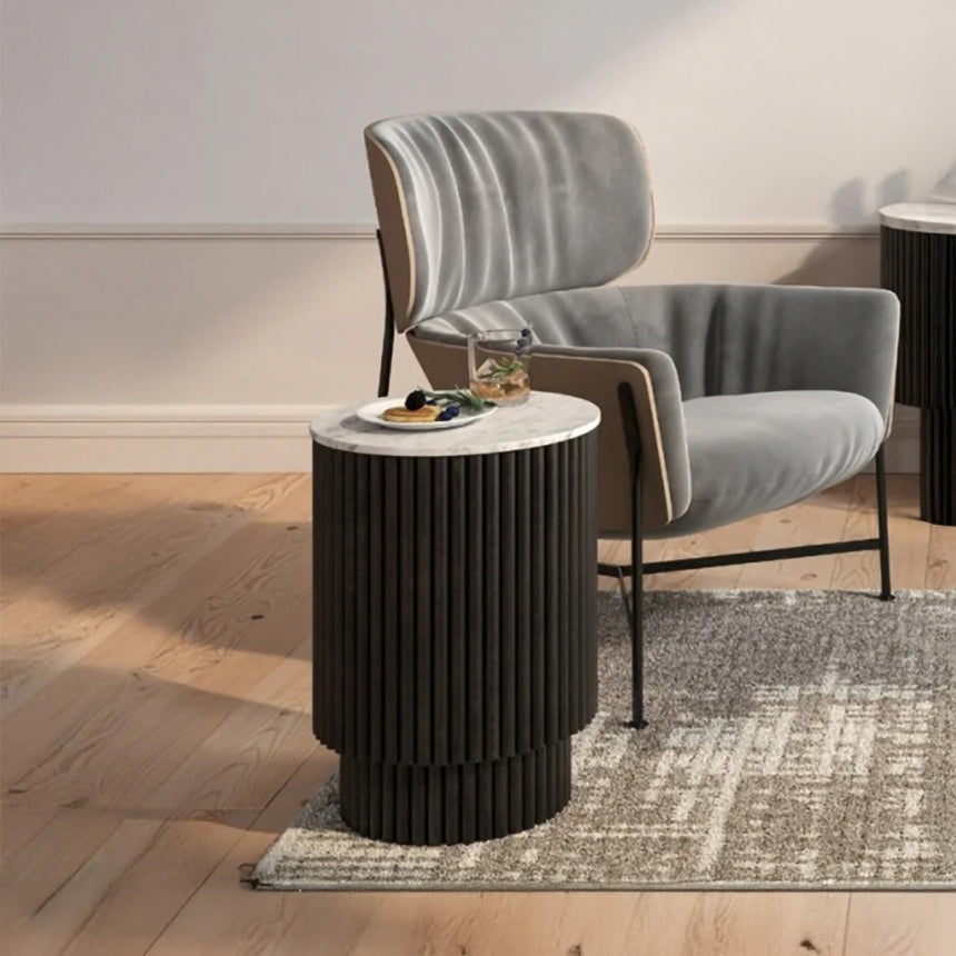 Lucas Black 1 Door Round Fluted Side Table with White Marble Top