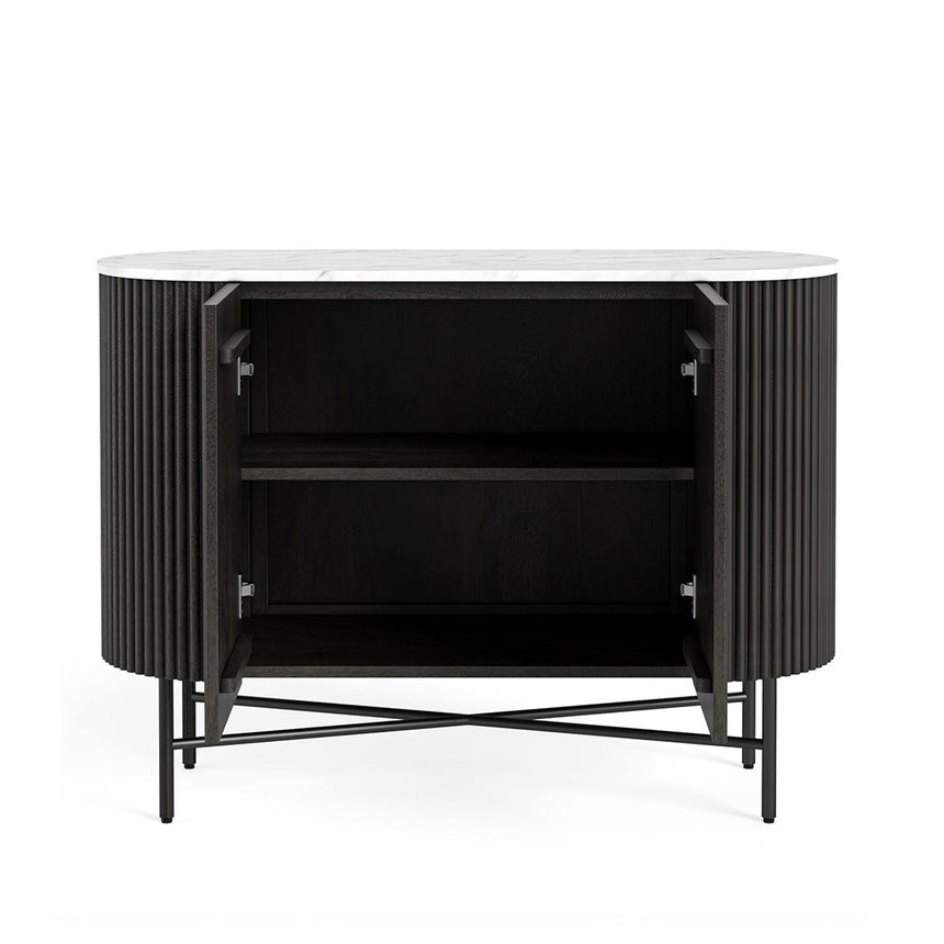 Lucas Black 100cm Small 2 Door Fluted Curved Sideboard with White Marble Top