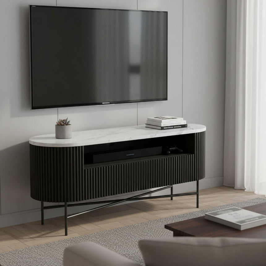 Lucas Black 120cm Fluted Curved TV Unit with White Marble Top