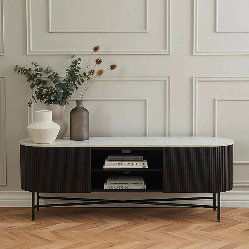 Lucas Black 150cm Fluted Curved TV Unit with White Marble Top