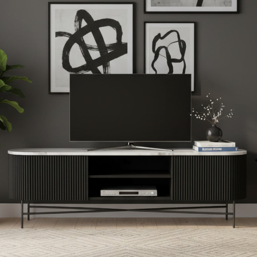Lucas Black 180cm Fluted Curved TV Unit with White Marble Top