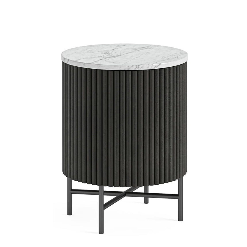 Lucas Black 1 Door Fluted Bedside Table with White Marble Top