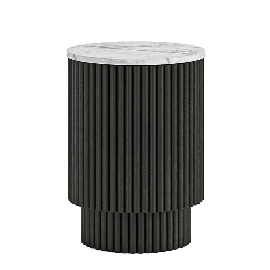 Lucas Black 1 Door Round Fluted Side Table with White Marble Top