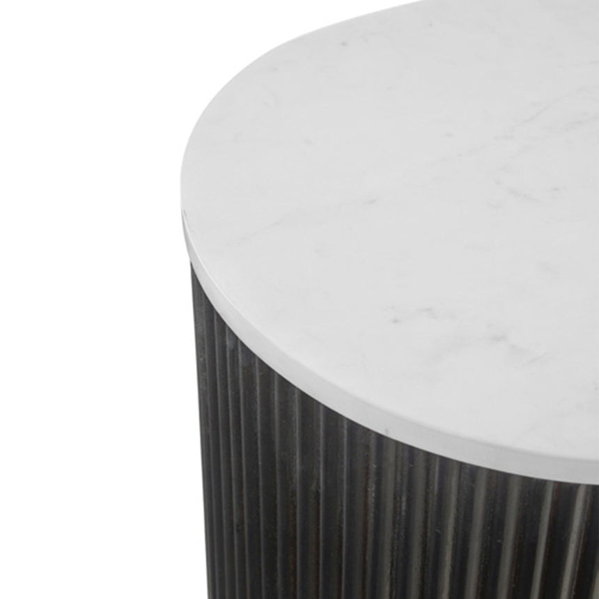 Lucas Black 1 Door Round Fluted Side Table with White Marble Top