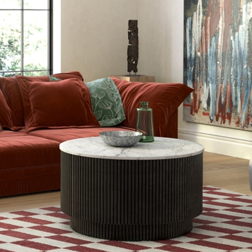 Lucas Black Round Fluted Coffee Table with White Marble Top