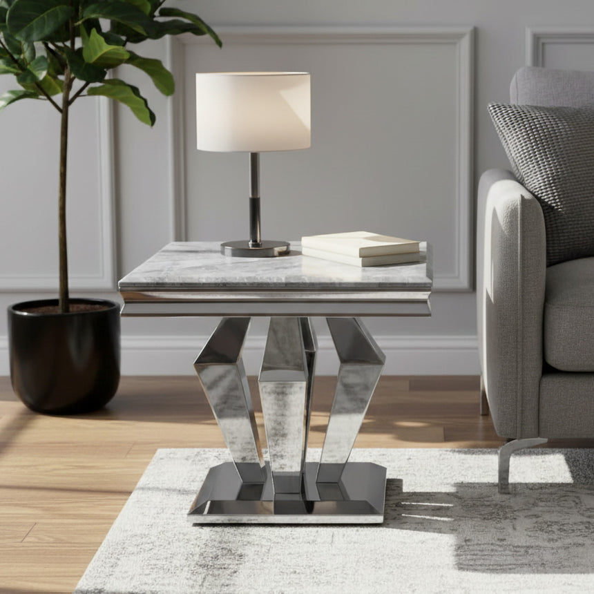 Lucca Grey Marble and Chrome Square Lamp Table
