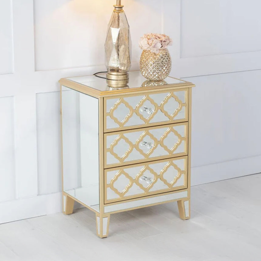 Bari Mirrored Trim 3 Drawer Bedside Cabinet