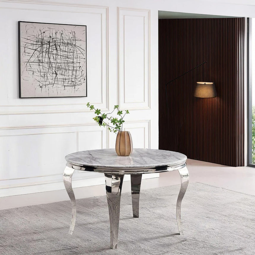 Matera 4 Seater Grey Marble and Chrome Round Dining Table - 120cm