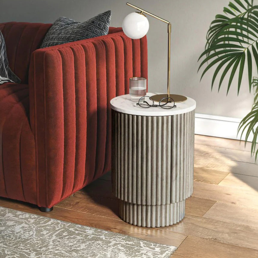 Michigan Grey 1 Door Fluted Round Side Table with White Marble Top