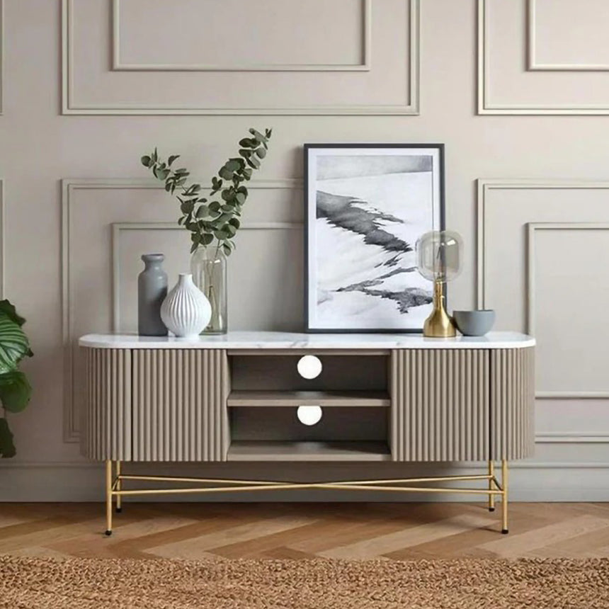 Michigan Grey 150cm Fluted Curved Storage TV Unit with White Marble Top