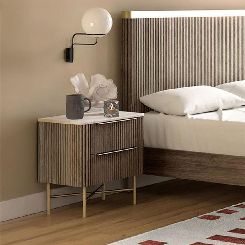 Michigan Grey 2 Drawer Fluted Bedside Table with White Marble Top