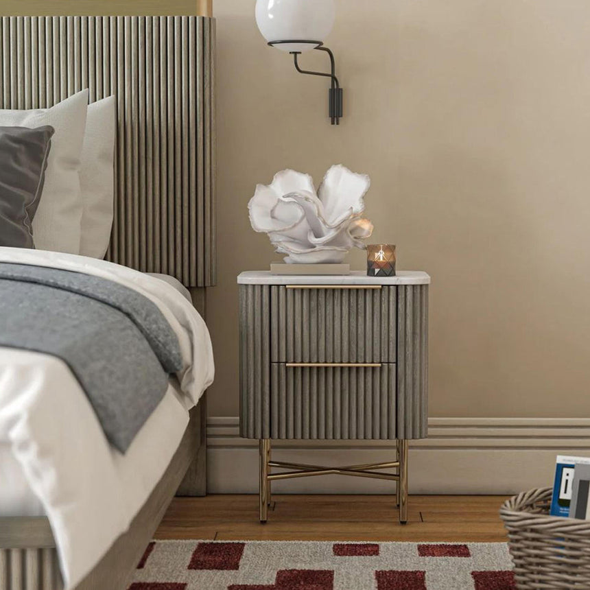Michigan Grey 2 Drawer Fluted Narrow Bedside Table with White Marble Top