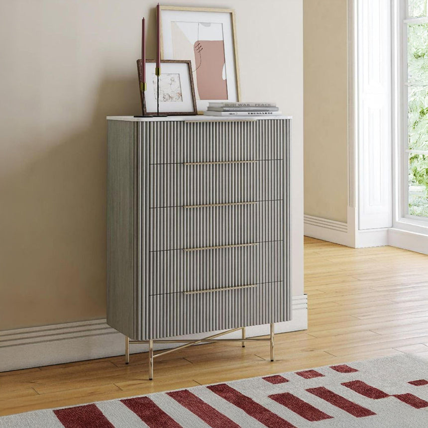 Michigan Grey 5 Drawer Fluted Chest with White Marble Top