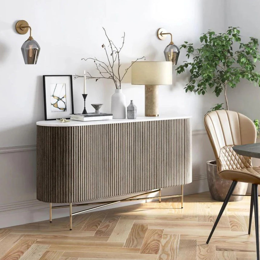 Michigan Grey Large 2 Door Fluted Curved Sideboard with White Marble Top - 145cm