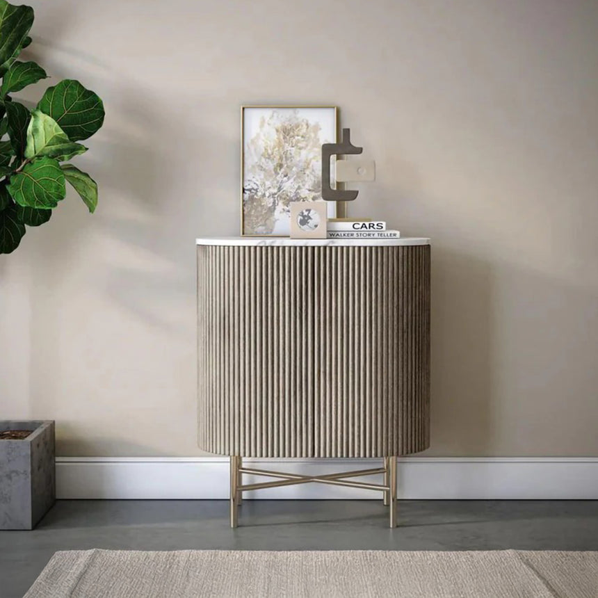 Michigan Grey Mini 2 Door Fluted Curved Sideboard with White Marble Top - 65cm