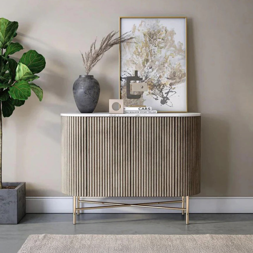 Michigan Grey Small 2 Door Fluted Curved Sideboard with White Marble Top - 100cm