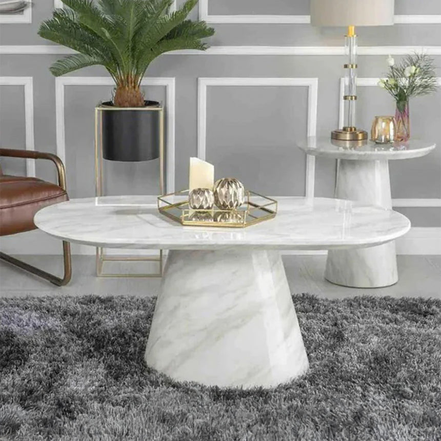 Modena White Marble Oval Coffee Table with Pedestal Base