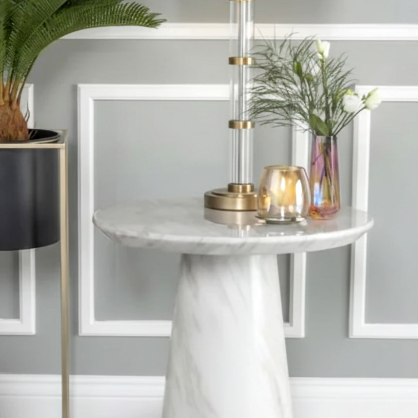 Modena White Marble Round Side Table with Pedestal Base