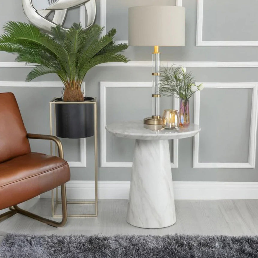 Modena White Marble Round Side Table with Pedestal Base