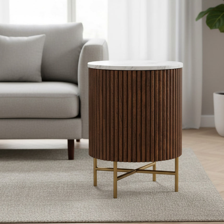 Nevada 1 Door Fluted Round Bedside Table with White Marble Top