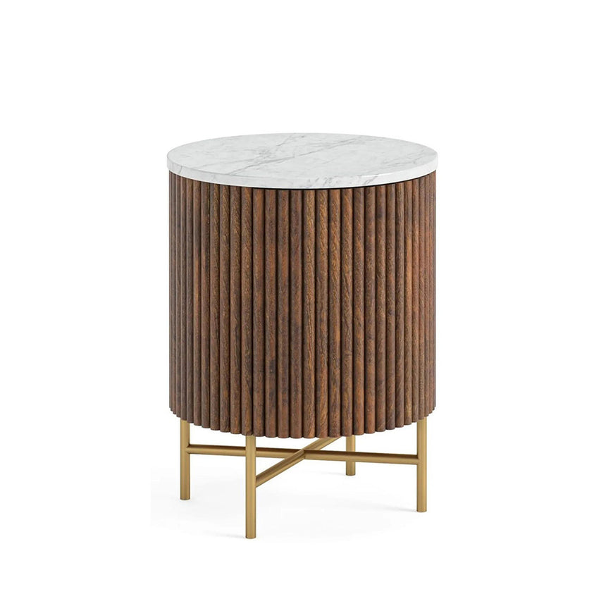 Nevada 1 Door Fluted Round Bedside Table with White Marble Top