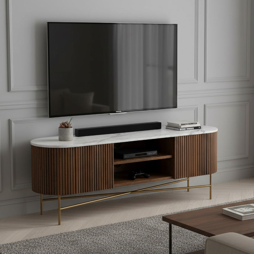 Nevada 150cm Fluted Curved TV Unit with White Marble Top