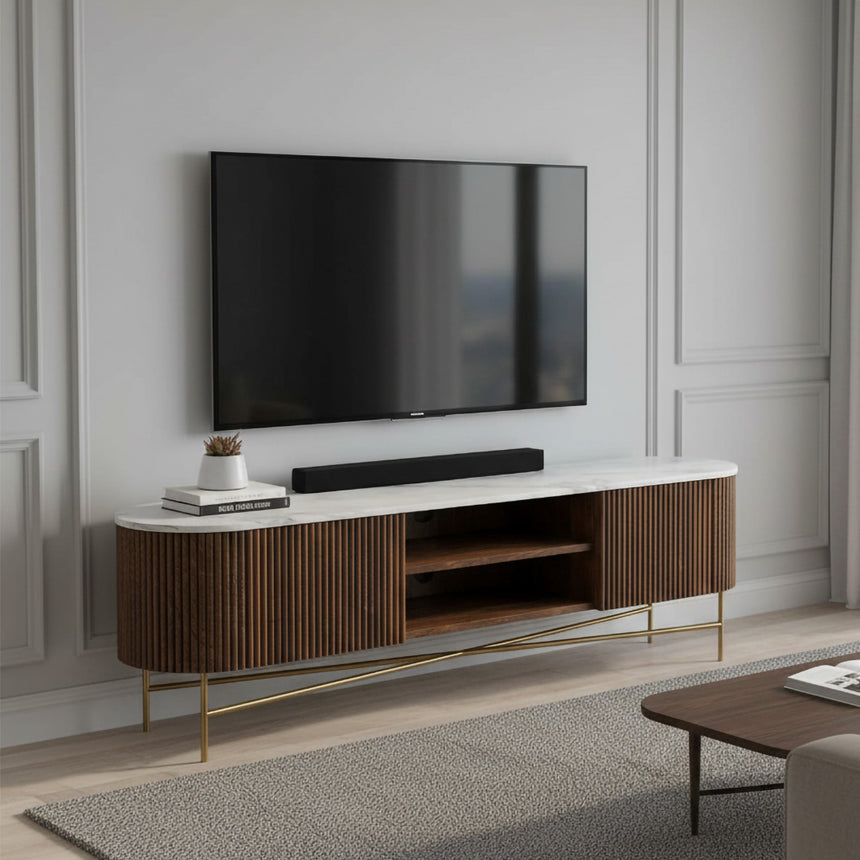 Nevada 180cm Fluted Curved TV Unit with White Marble Top
