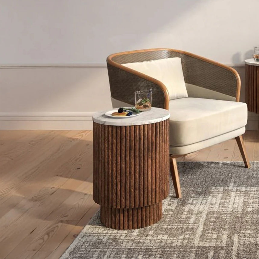 Nevada Round Fluted Side Table with White Marble Top