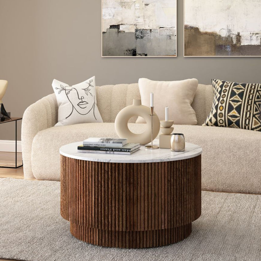 Nevada Round Fluted Coffee Table with White Marble Top