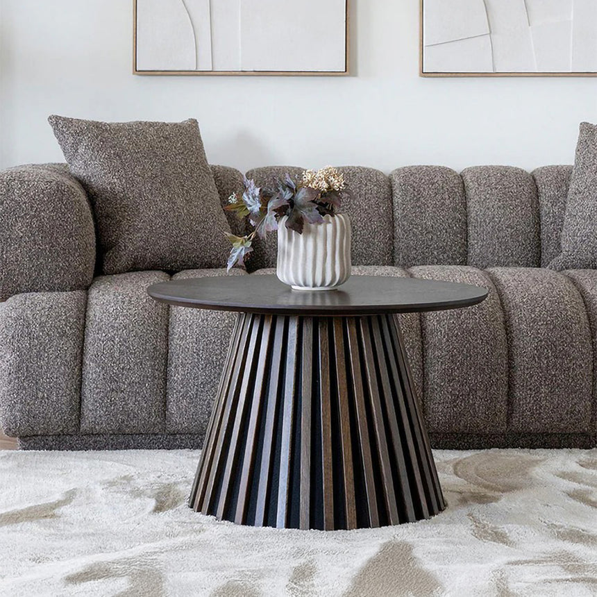 Osaka Smoked Oak Round Coffee Table with Slatted Base