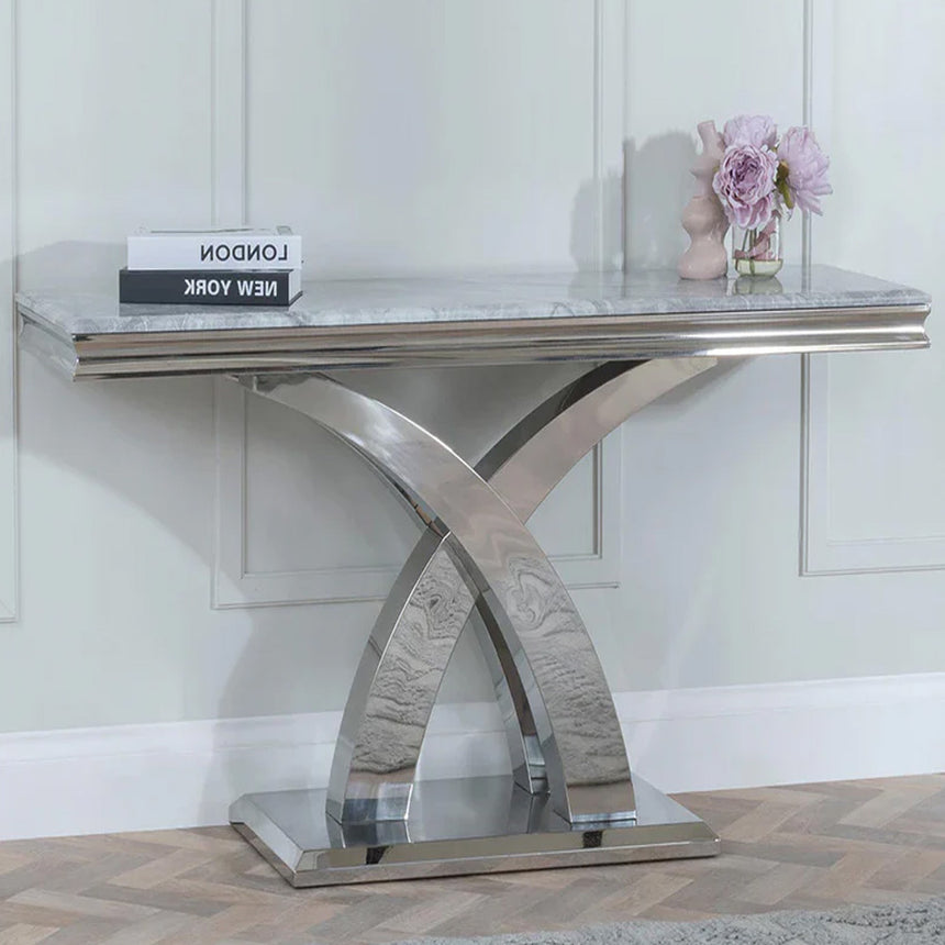 Palermo Grey Marble and Chrome Console Table with X-Cross Base