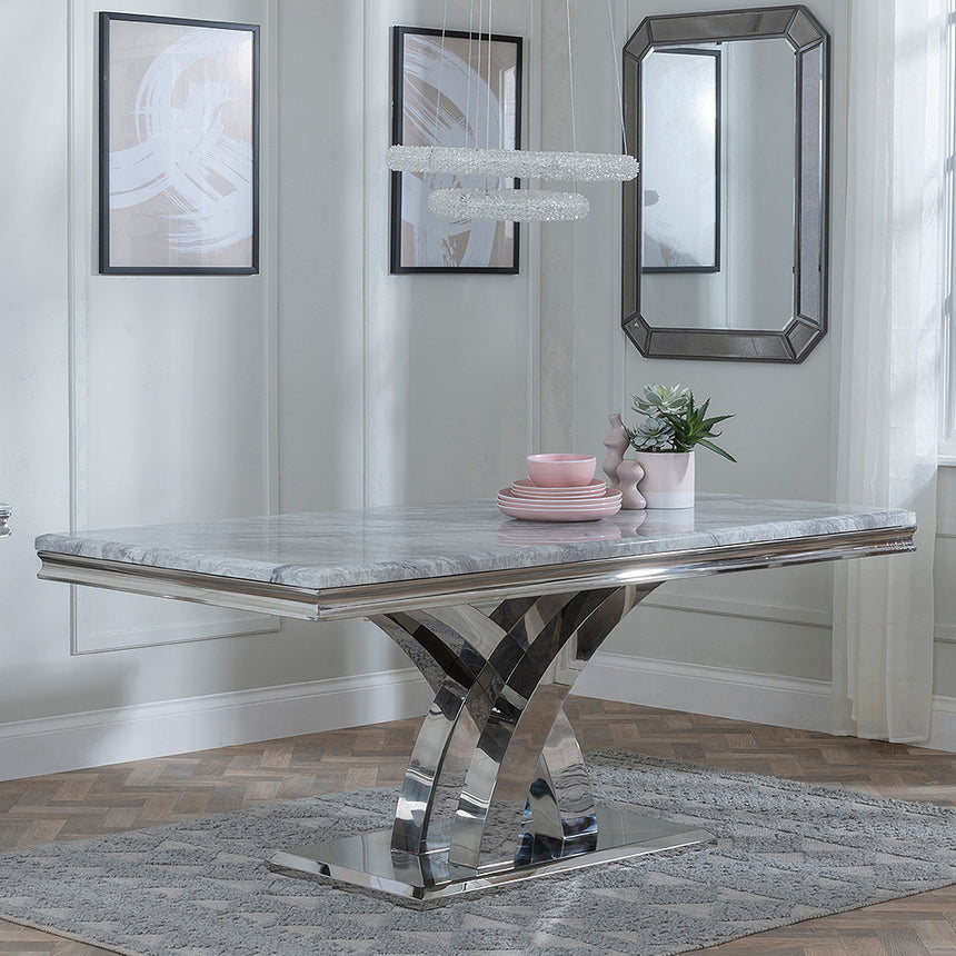 Palermo 6 Seater Grey Marble and Chrome Dining Table with X-Cross Base - Sizes Available