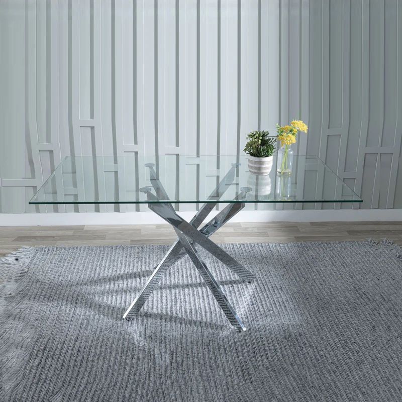 Ashley 6 Seater Glass Dining Table with Chrome Metal Legs - 150cm