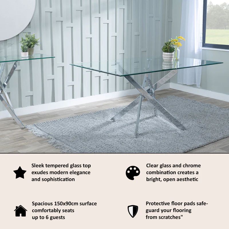 Ashley 6 Seater Glass Dining Table with Chrome Metal Legs - 150cm