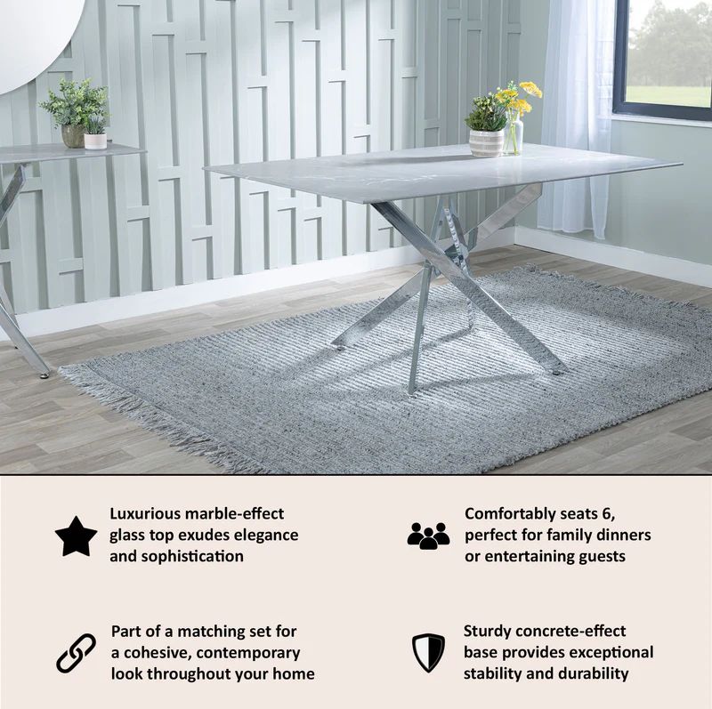 Ashley 6 Seater Glass Dining Table with Chrome Metal Legs - 150cm