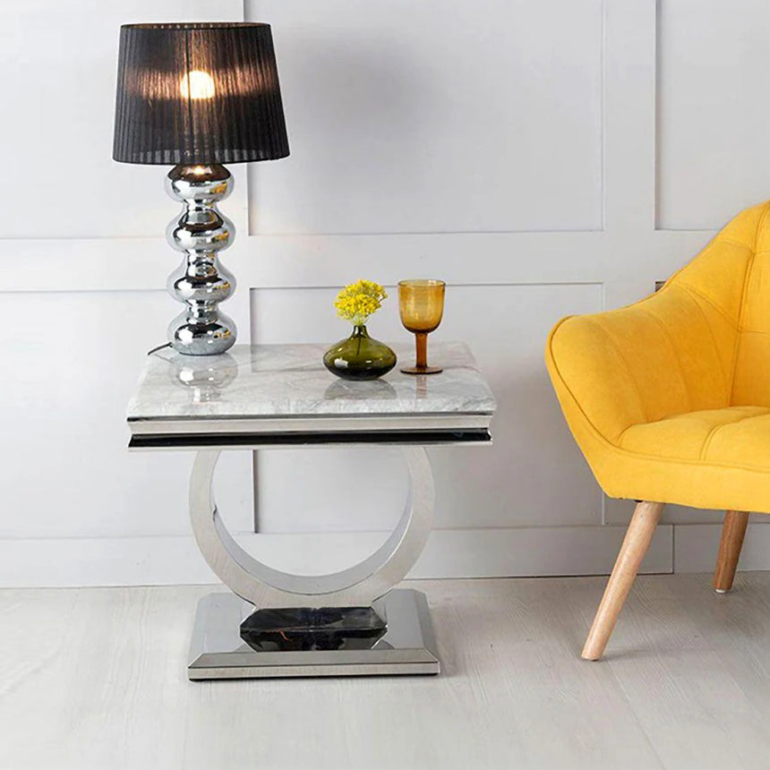 Seattle Grey Marble and Chrome Square Side Table with Ring Base
