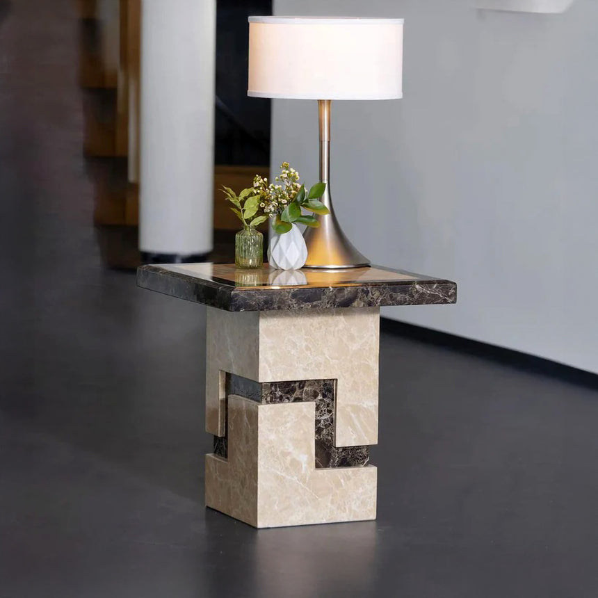 Sicily Cream Marble Square Side Table with  Pedestal Base